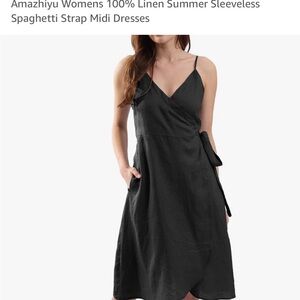 NWT Amazhiyu Pure Linen Summer Sleeveless Spaghetti Strap Midi Dresses Black M